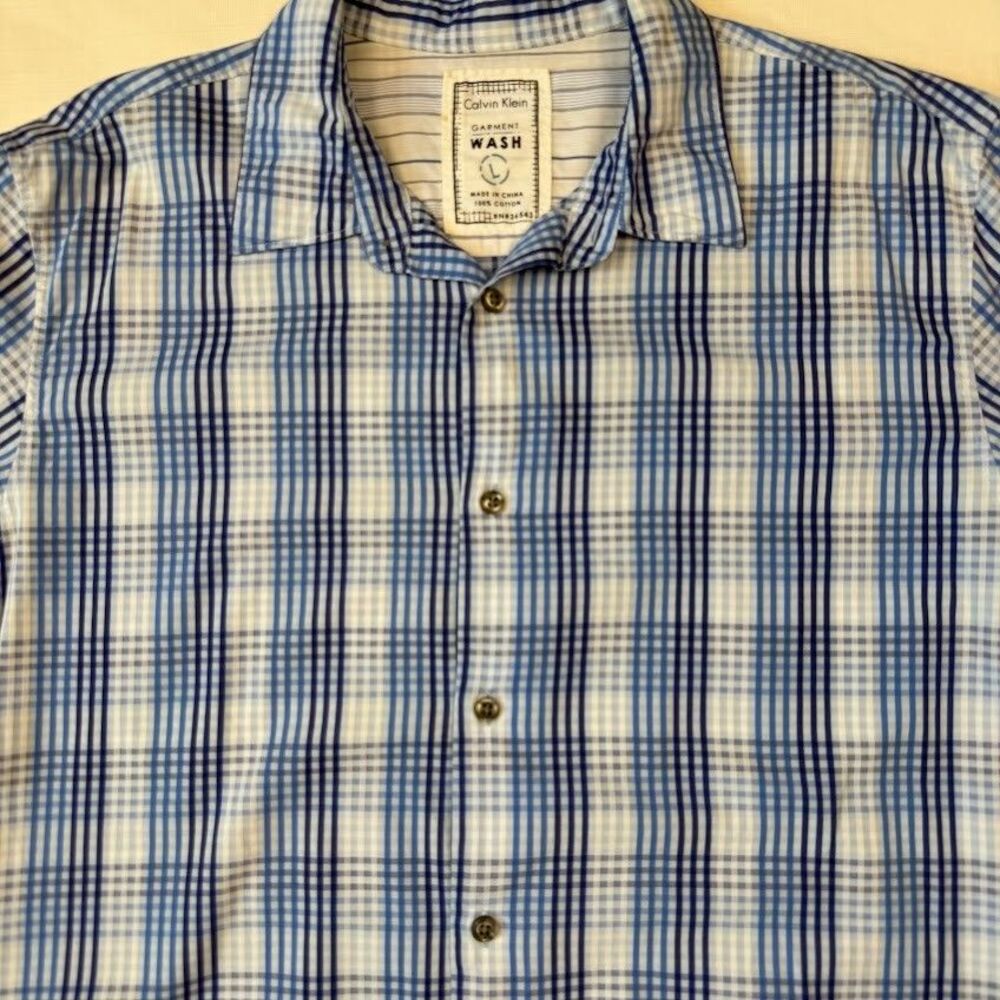 Calvin Klein Wash 100% Cotton Long Sleeve Button Down Blue/White Plaid Shirt, L - Picture 2 of 10